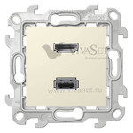 Коннектор HDMI(v 1.4) + USB(2.0, тип A) Simon 24, (мама), винтовой зажим, слоновая кость, Simon